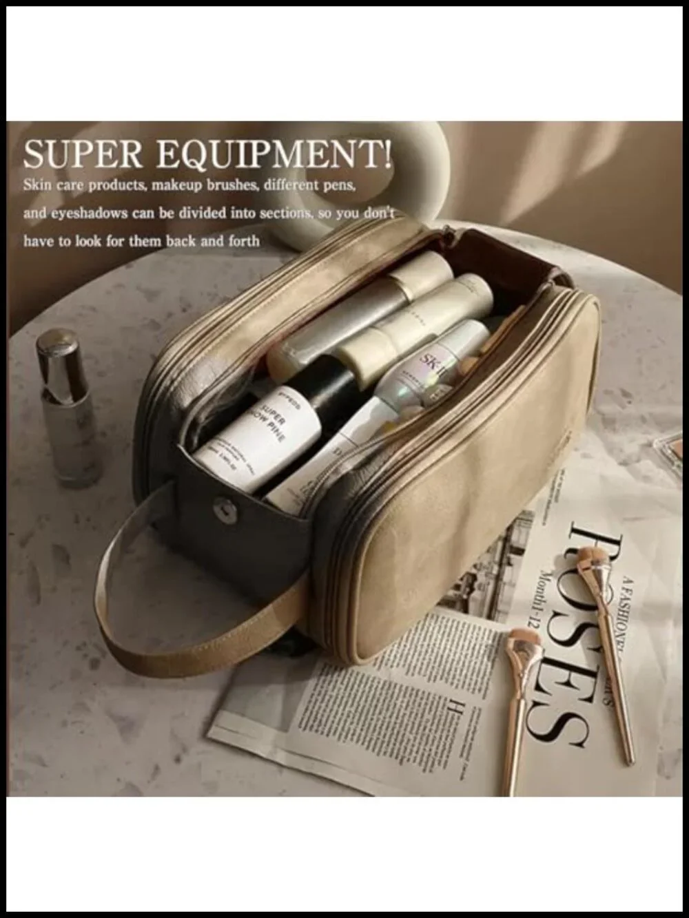 3-Layer Large Capacity PU Cosmetic Toiletry Bag with Double Zippers & Wide
